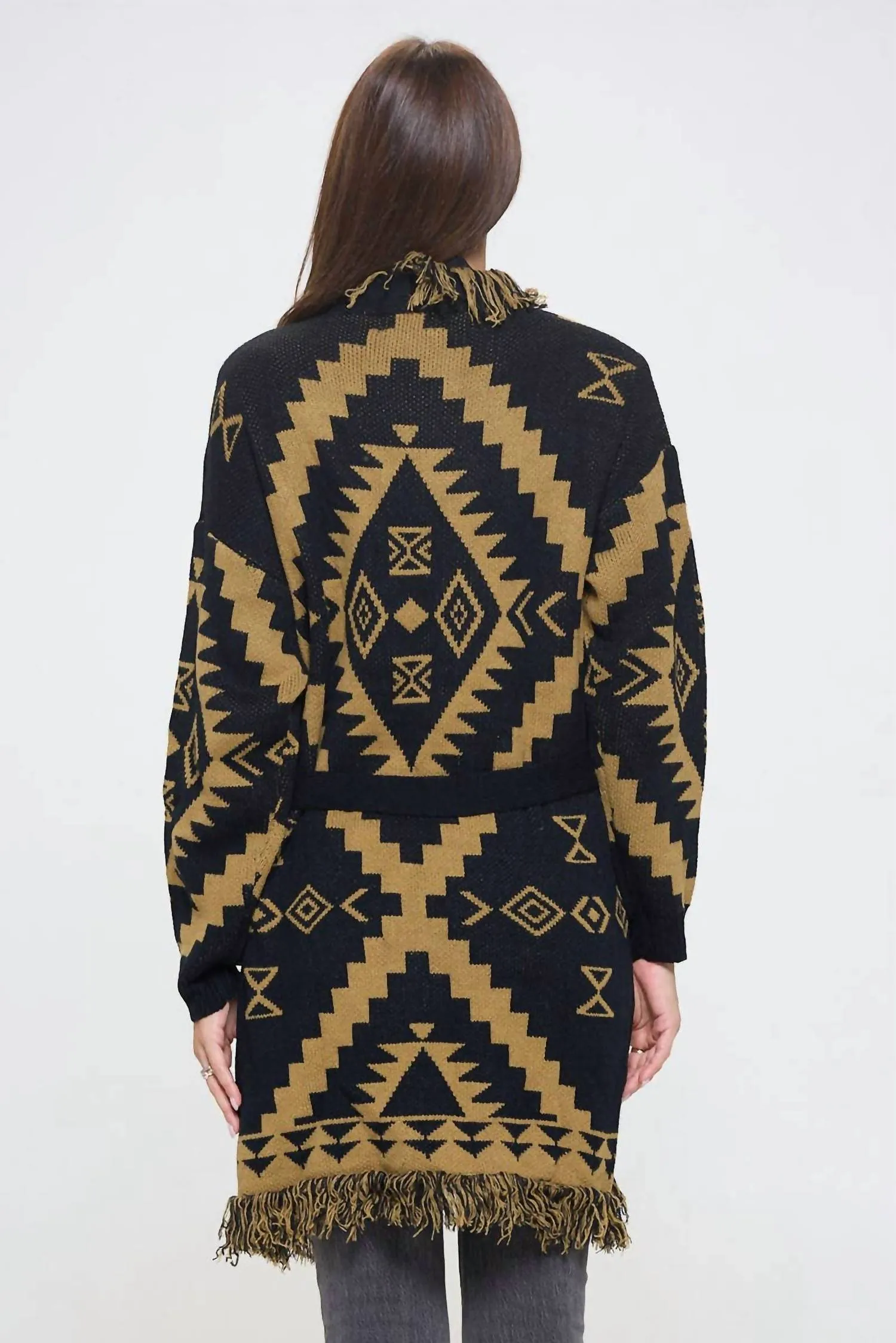 Tribal Print Cardigan With Fringe Detail And Tie In Taupe/black