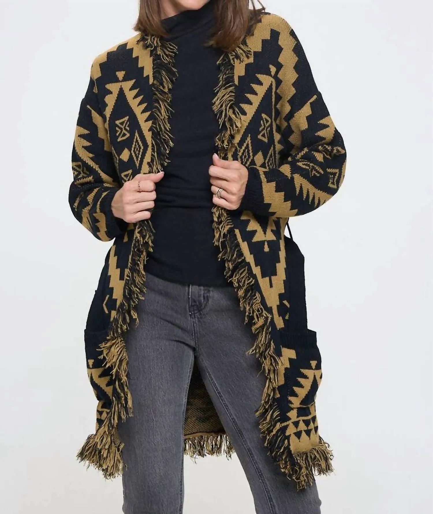 Tribal Print Cardigan With Fringe Detail And Tie In Taupe/black