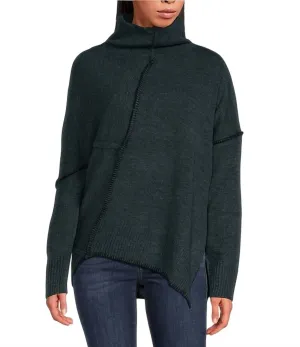 Turtleneck Long Sleeve Asymetrical Sweater In Teal Blue