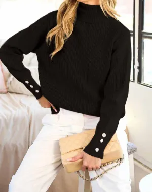 Turtleneck Pearl Button Rib Sweater In Black