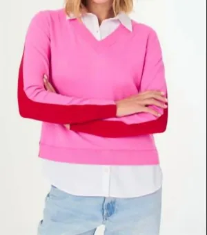 Two Tone Knit W/ Shirt Detail In Candy/red