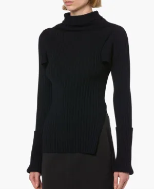 Two-Tone Ribbed Stretch Sweater In Dark Blue