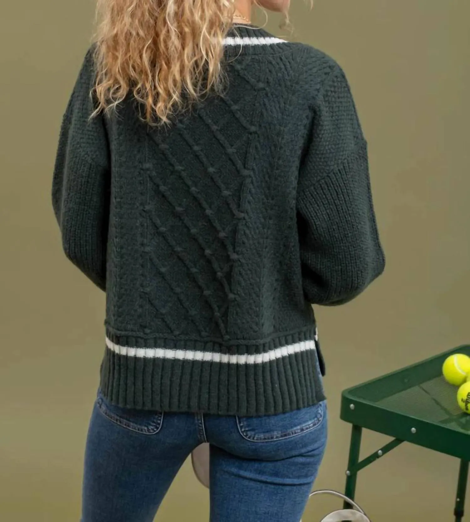 V-Neck Cable Knit Sweater W/contrast Detail In Hunter Green