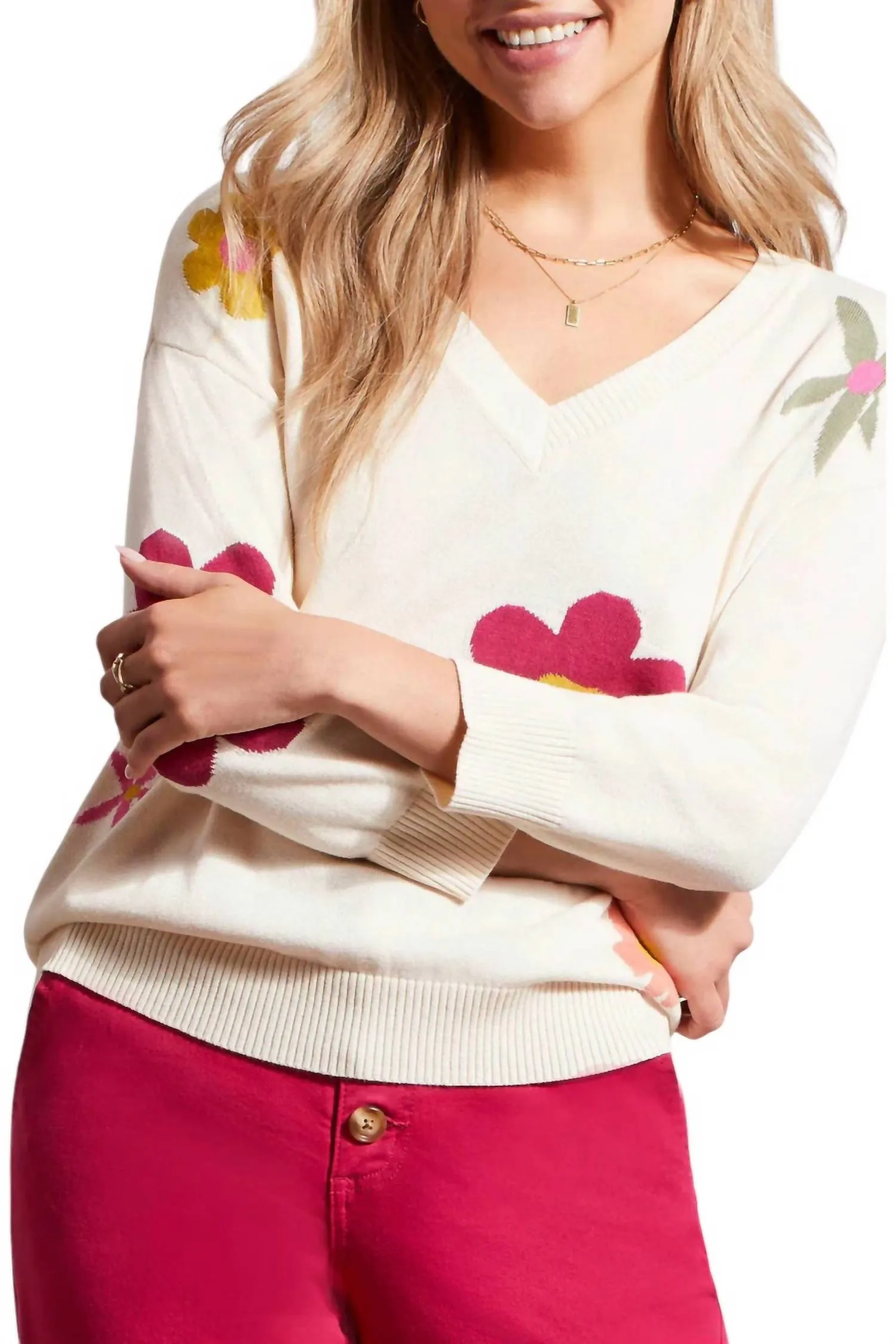 V-Neck Jacquared Sweater In Sandust