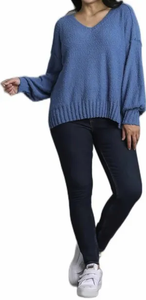 V-Neck Long Sleeve Sweater Top In Dusty Blue