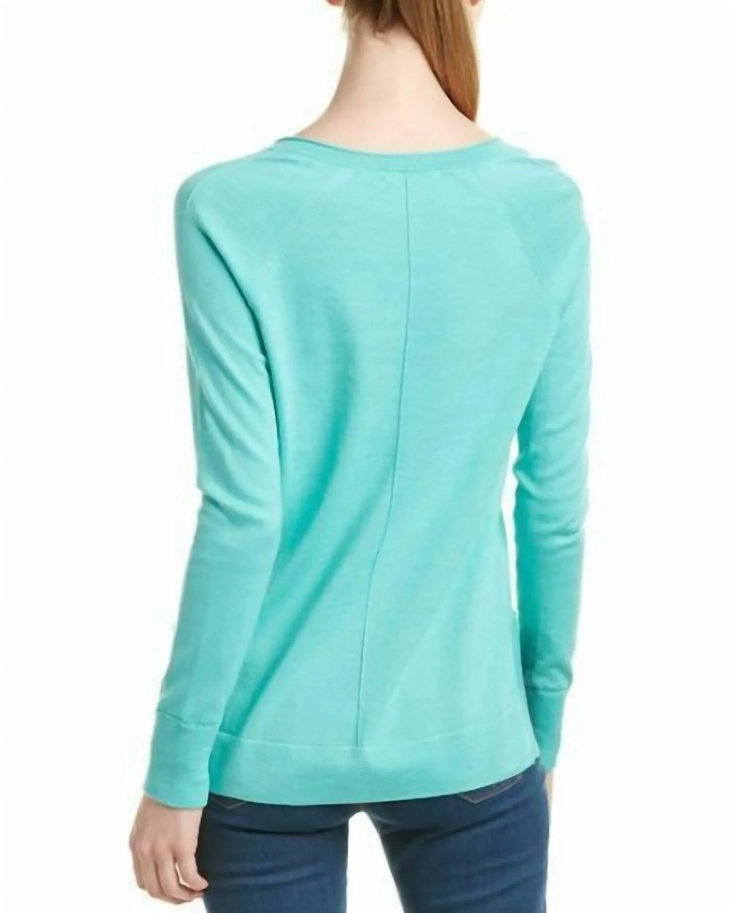 V-Neck Pullover Cotton Knit Side Slits Fit Sweater In Blue