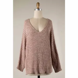 V Neck Ribbed Trim Cable Knit Sweater In Blush