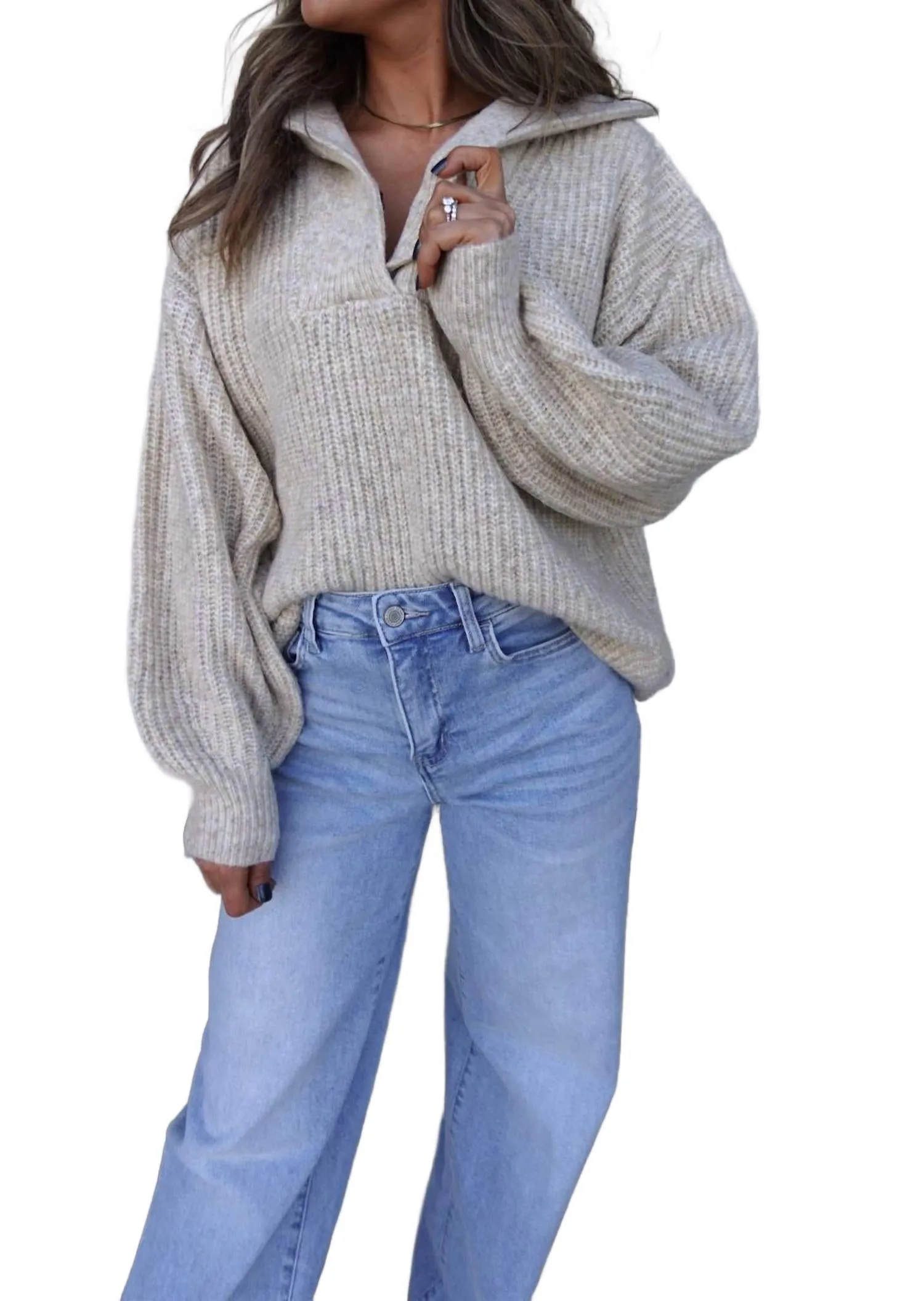 V-Neck Sweater With Collar In Oat