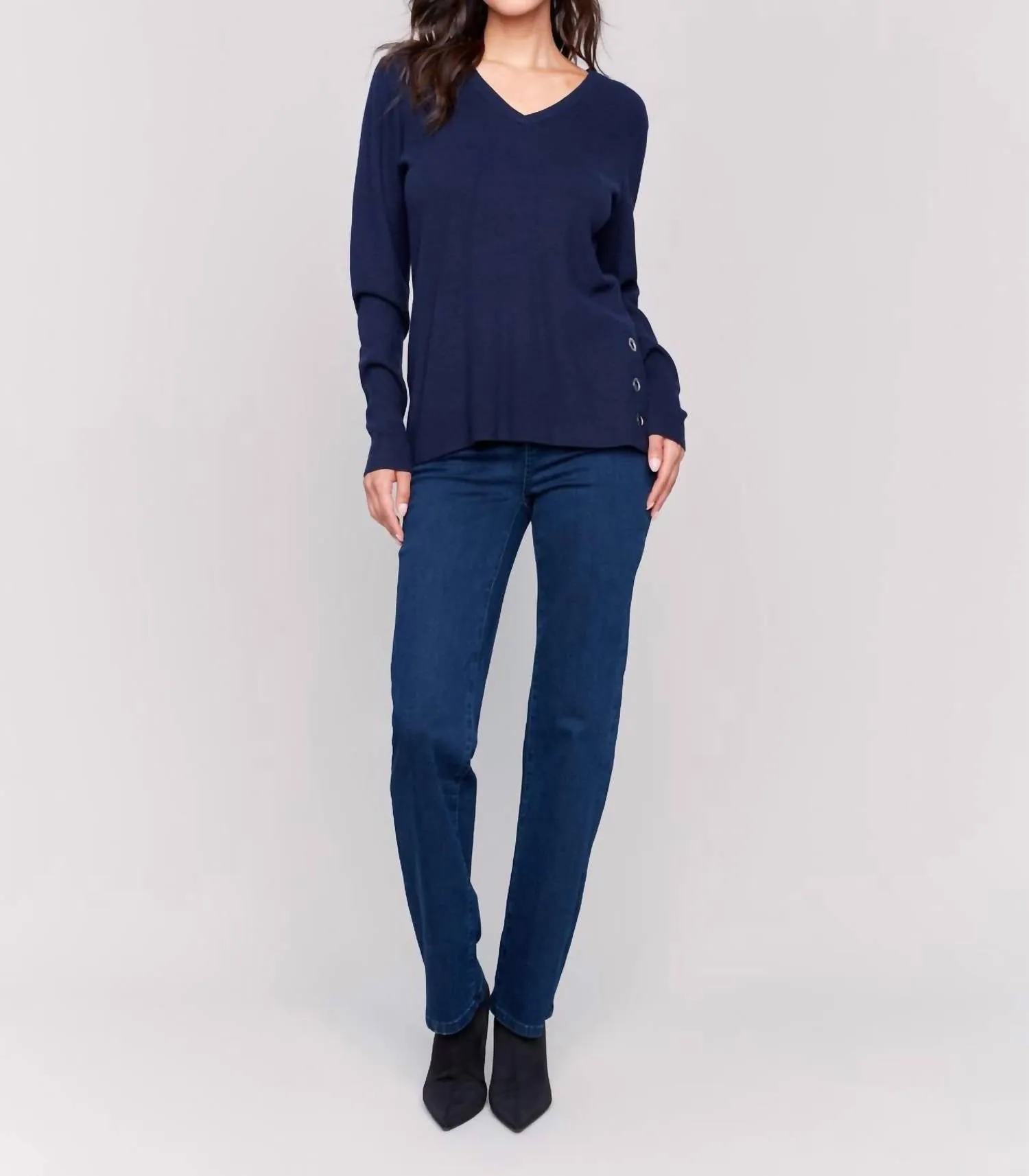 V-Neck Sweater With Grommet Detail In Navy