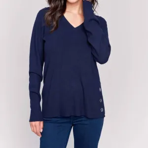 V-Neck Sweater With Grommet Detail In Navy