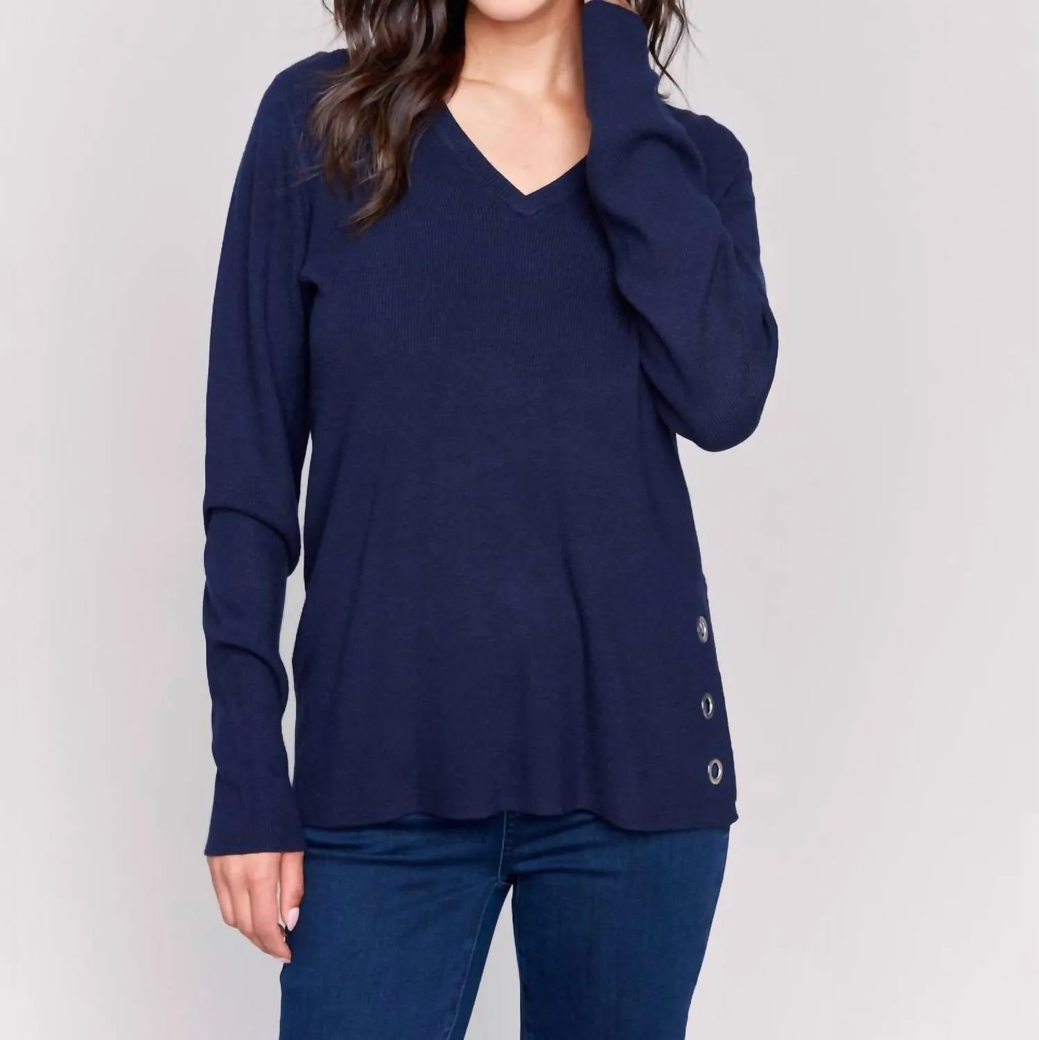 V-Neck Sweater With Grommet Detail In Navy