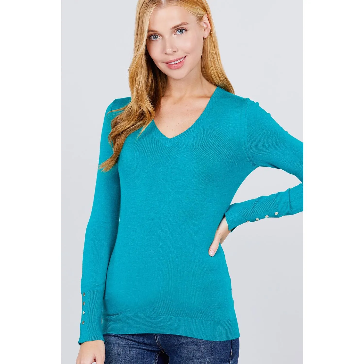 V-neck Sweater W/rivet Button