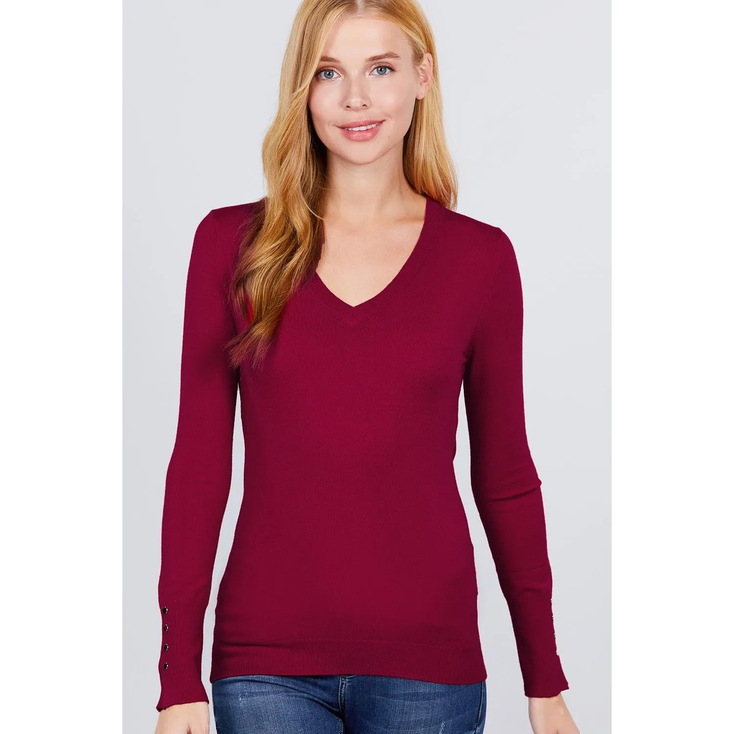 V-neck Sweater W/rivet Button