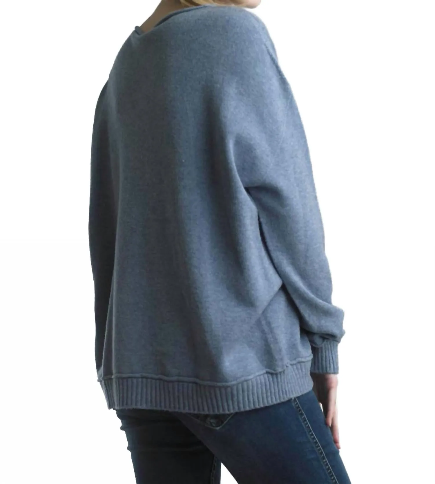 V-Neckline Front Seam Tunic Sweater In Blue