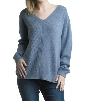 V-Neckline Front Seam Tunic Sweater In Blue