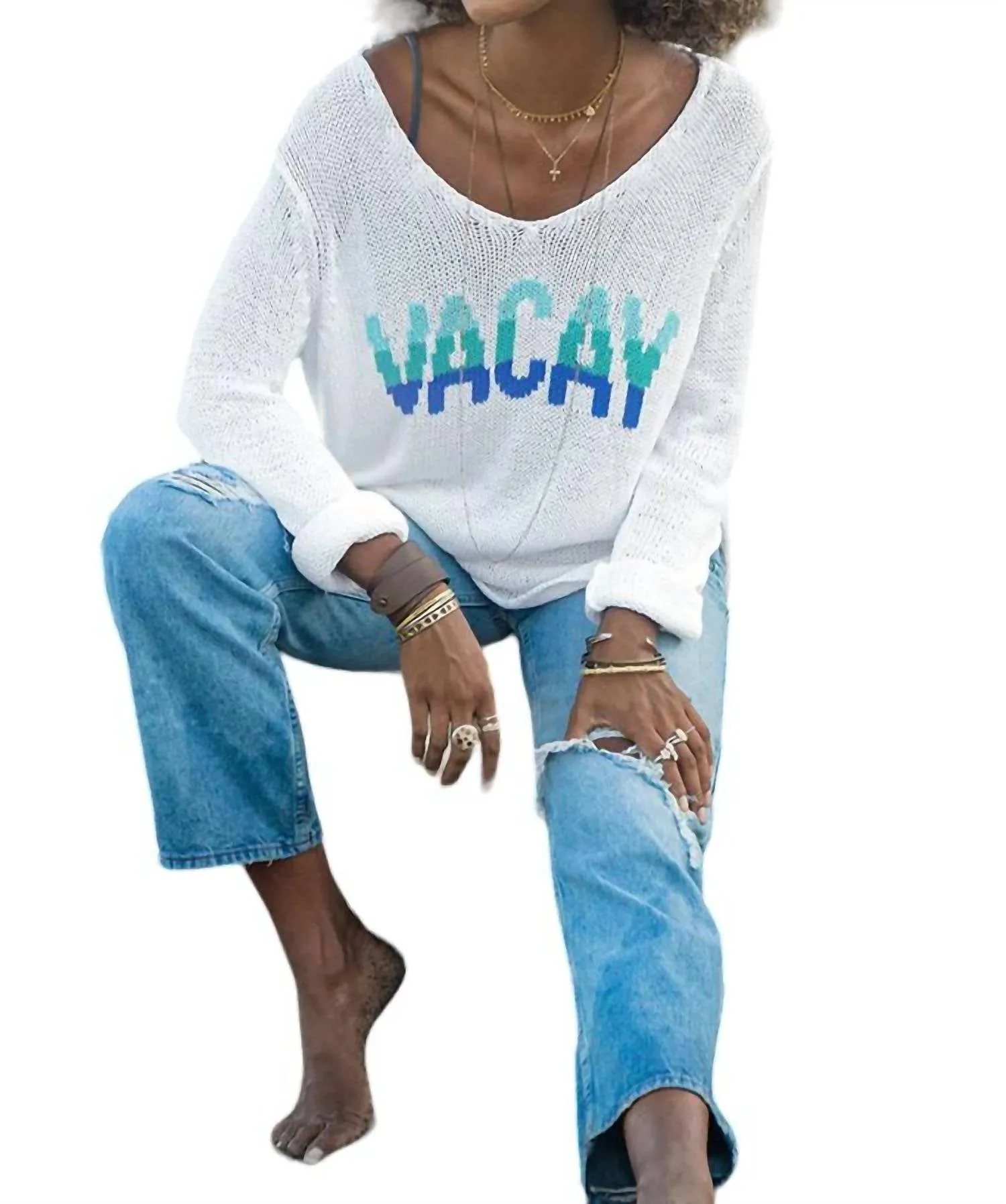 Vacay V-Neck Sweater In Breaker White