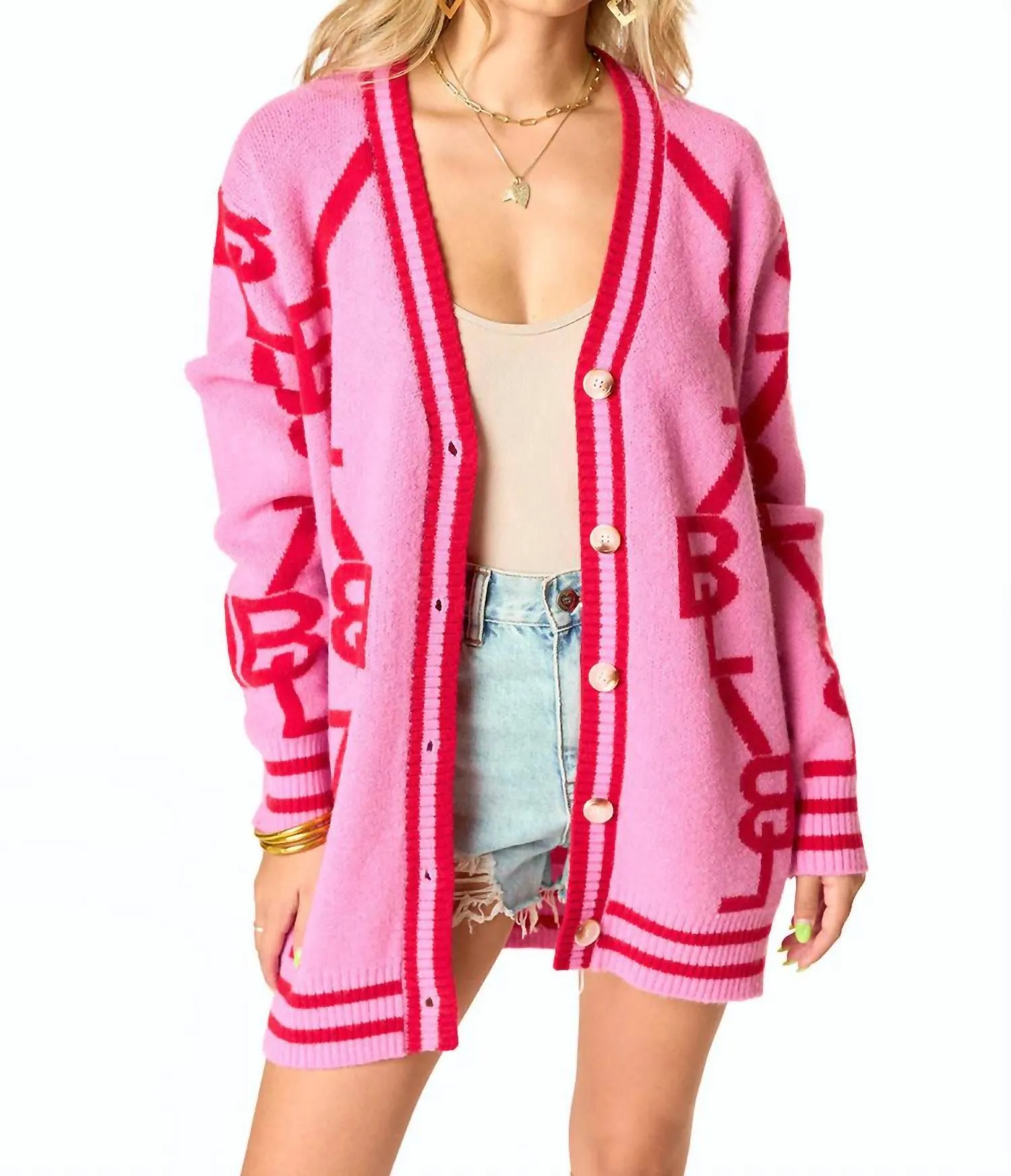 Varsity Cardigan In Pink And Red