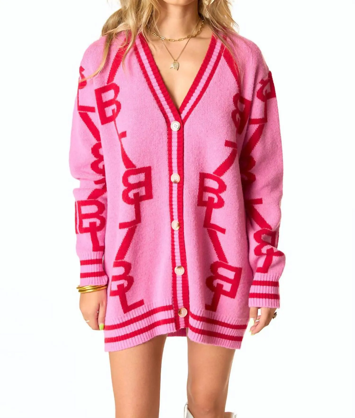 Varsity Cardigan In Pink And Red
