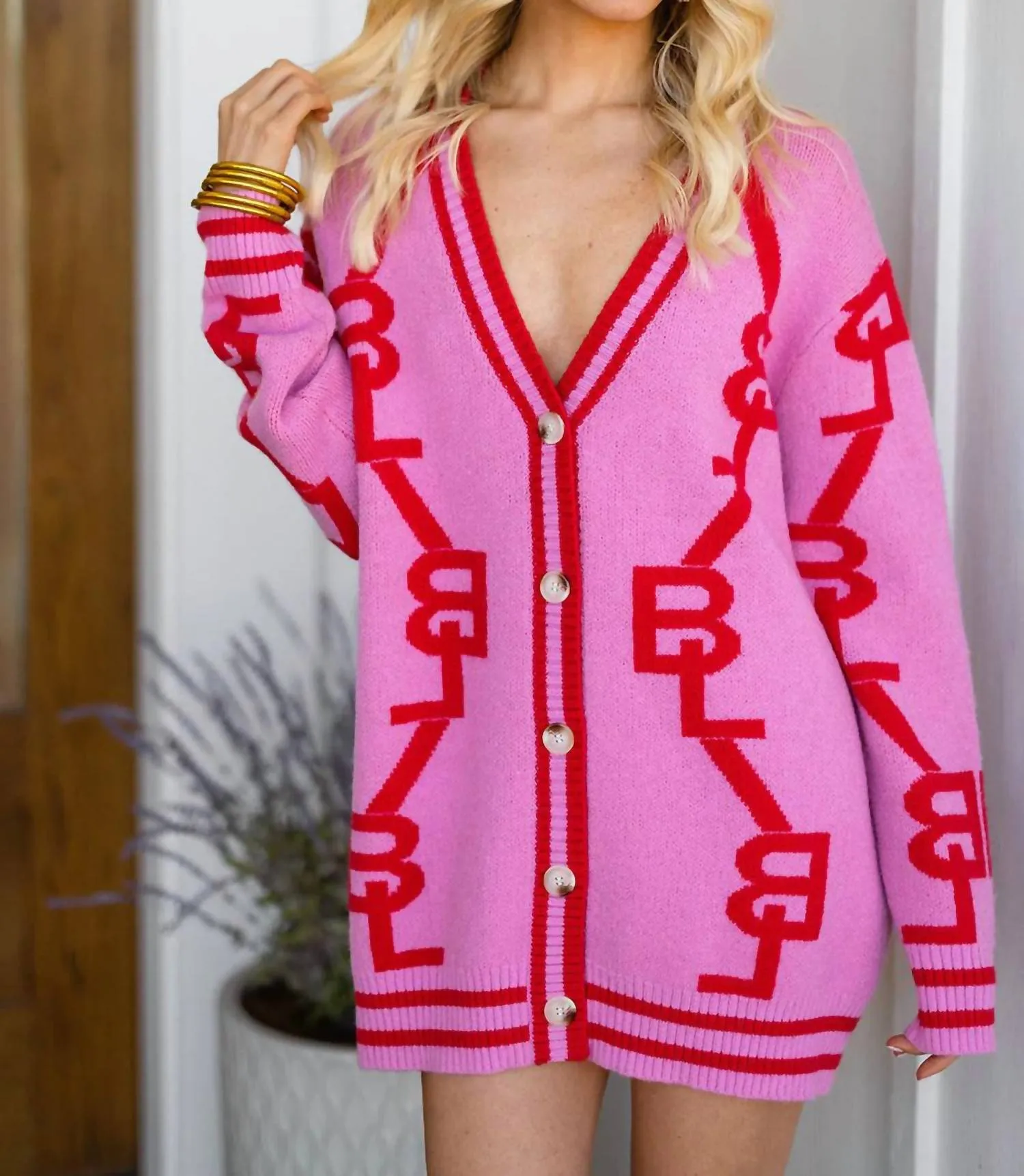 Varsity Cardigan In Pink And Red