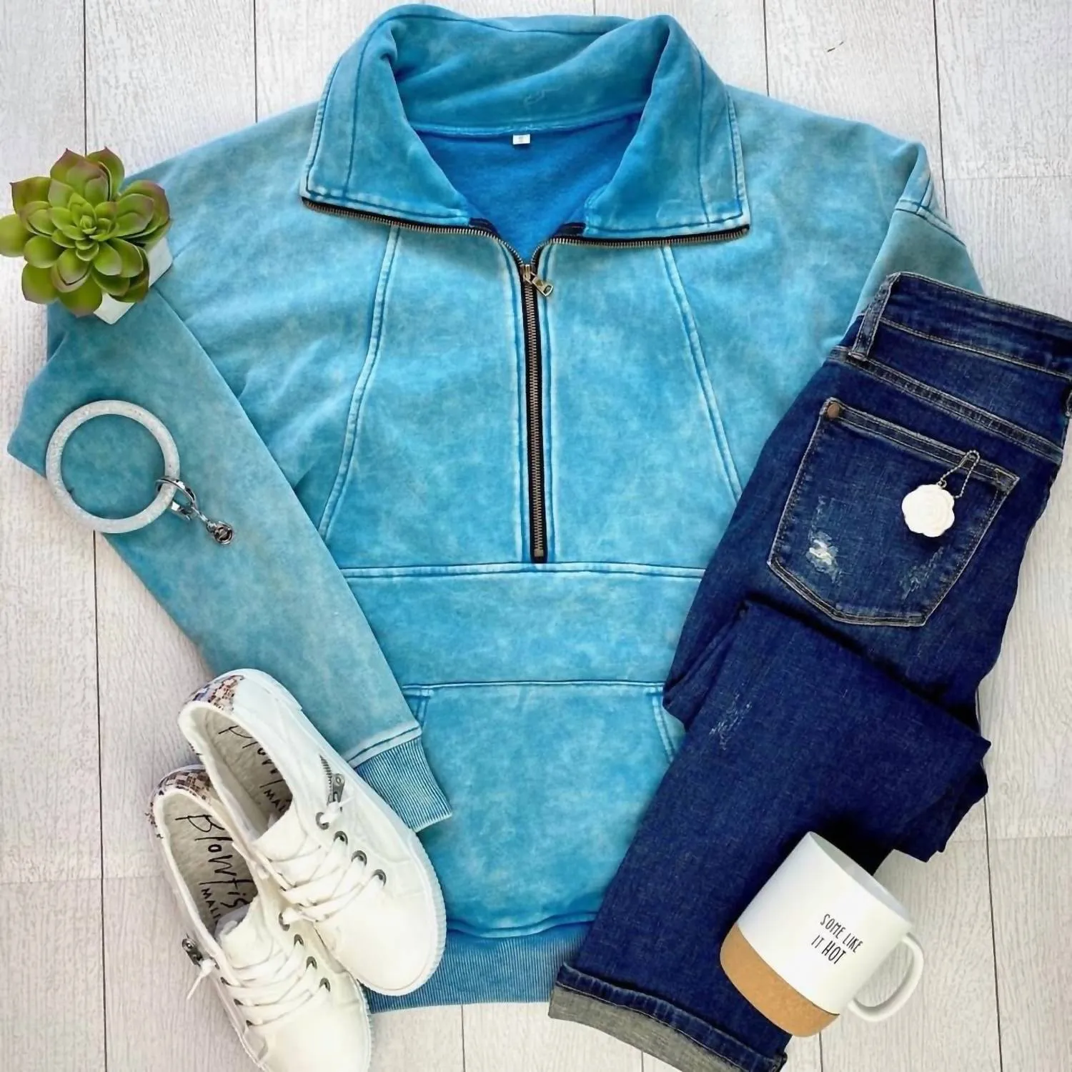 Vintage Wash Half-Zips In Ocean Blue