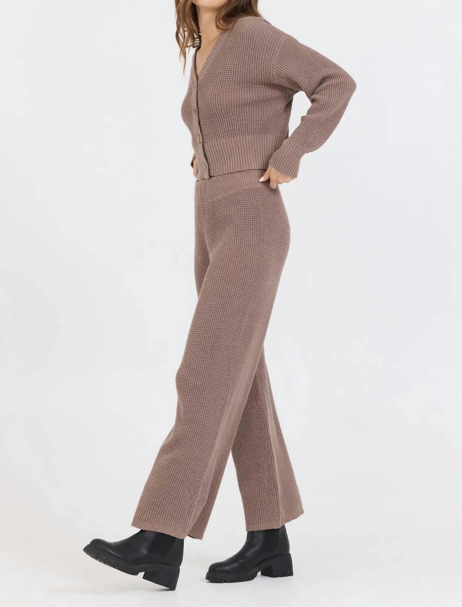 Waffle Knit Cardigan In Heather Brown