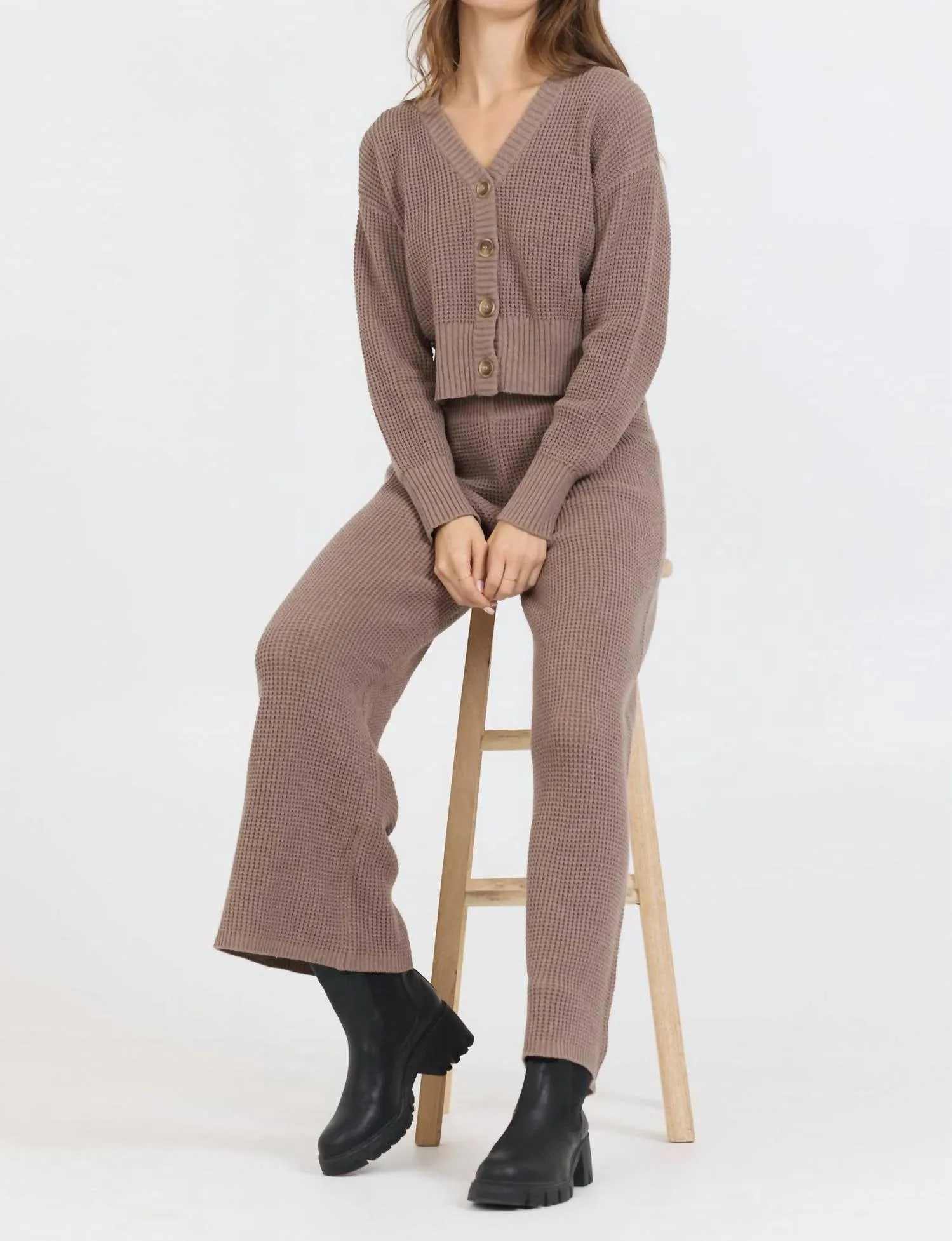 Waffle Knit Cardigan In Heather Brown