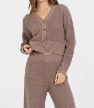 Waffle Knit Cardigan In Heather Brown