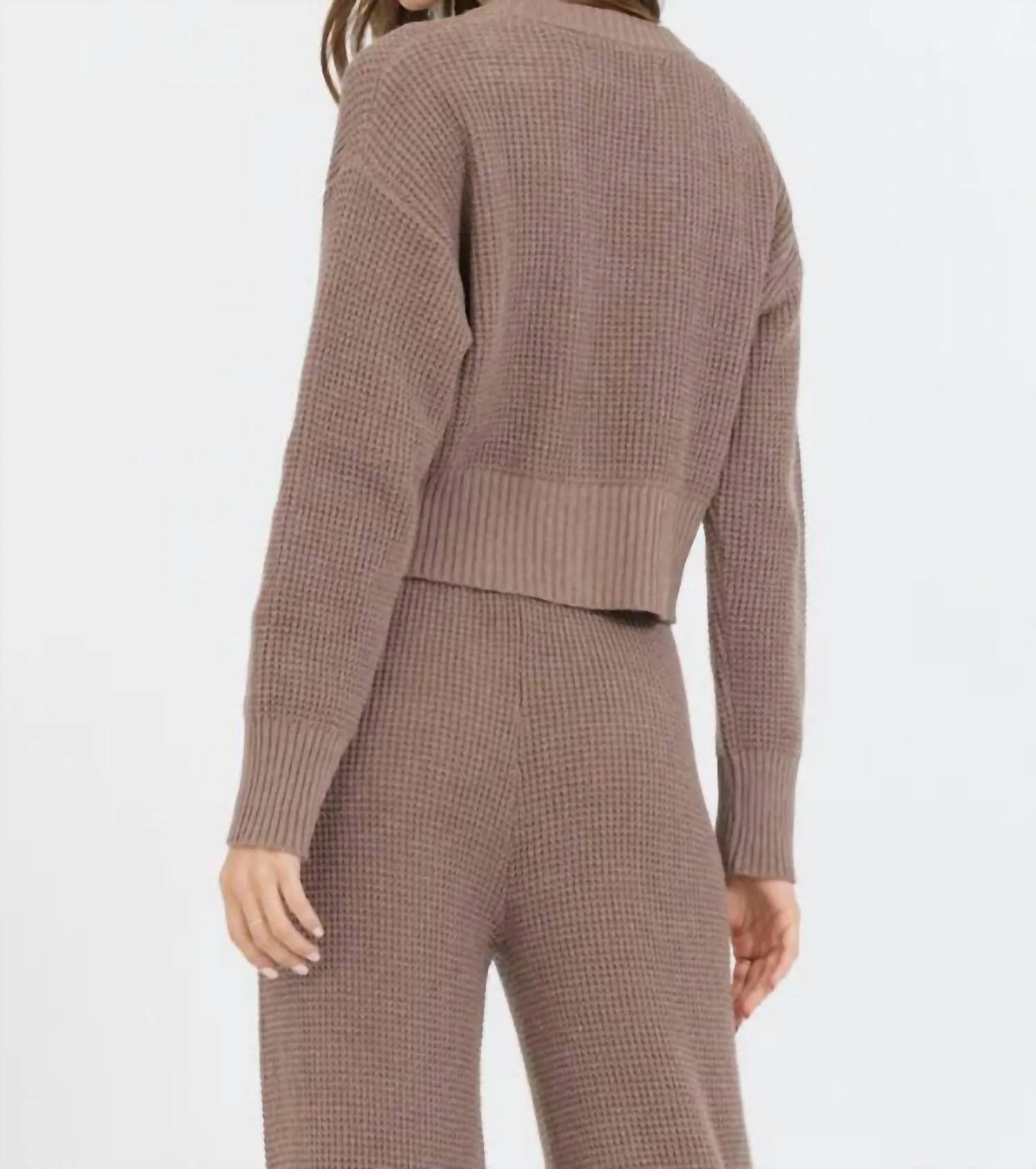Waffle Knit Cardigan In Heather Brown