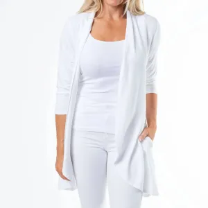 White Short Stretch Denim 3/4 Sleeve Cardigan