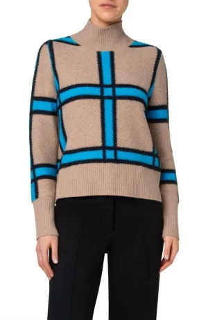 Window Check Knit Sweater In Carmel/ Turquoise