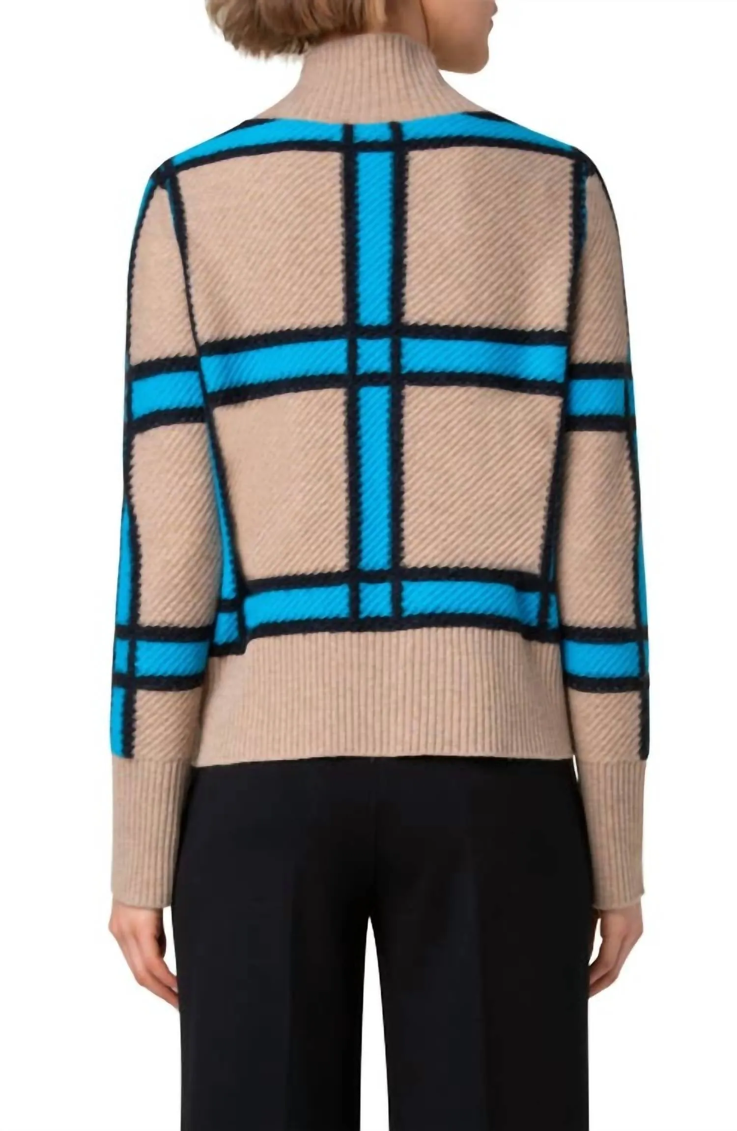 Window Check Knit Sweater In Carmel/ Turquoise