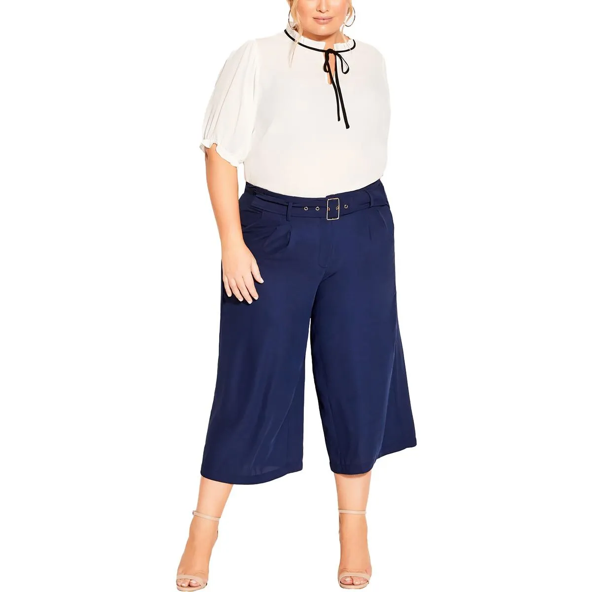 Womens Belted Polyester Wide Leg Pants