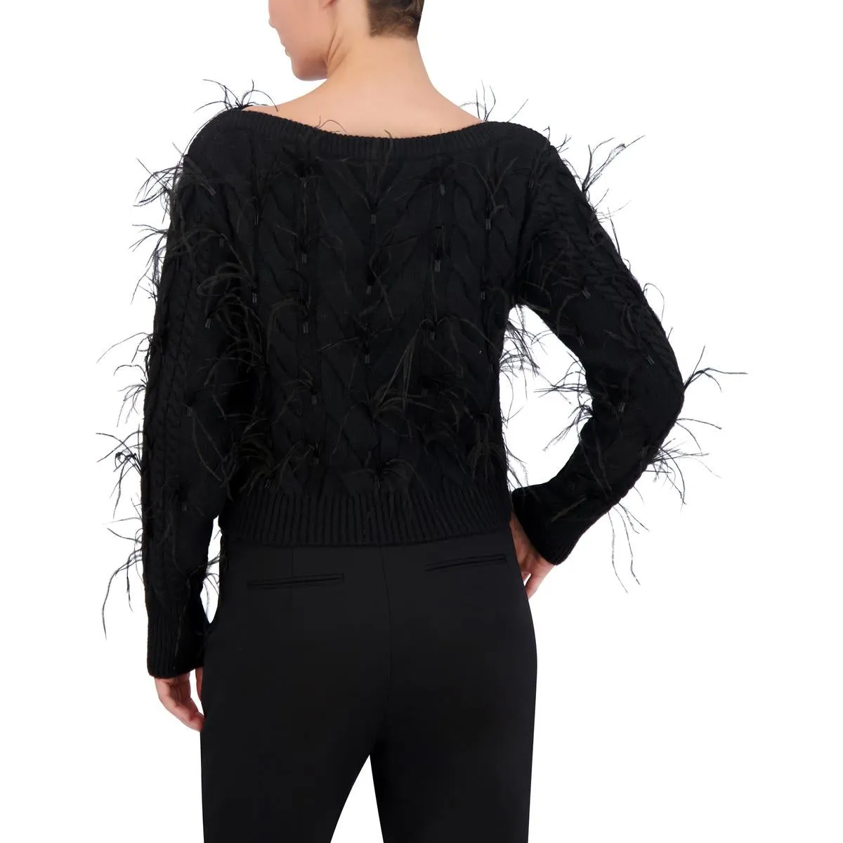 Womens Cable Knit Cold Shoulder Pullover Sweater