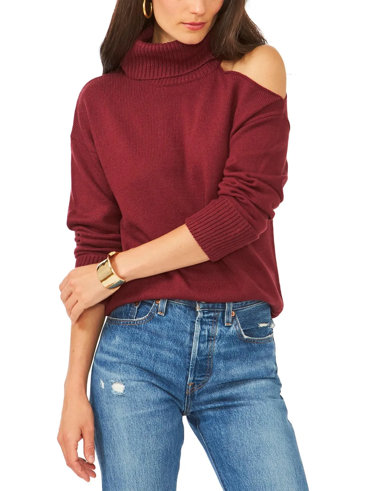 Womens Cold Shoulder Long Sleeve Turtleneck Sweater