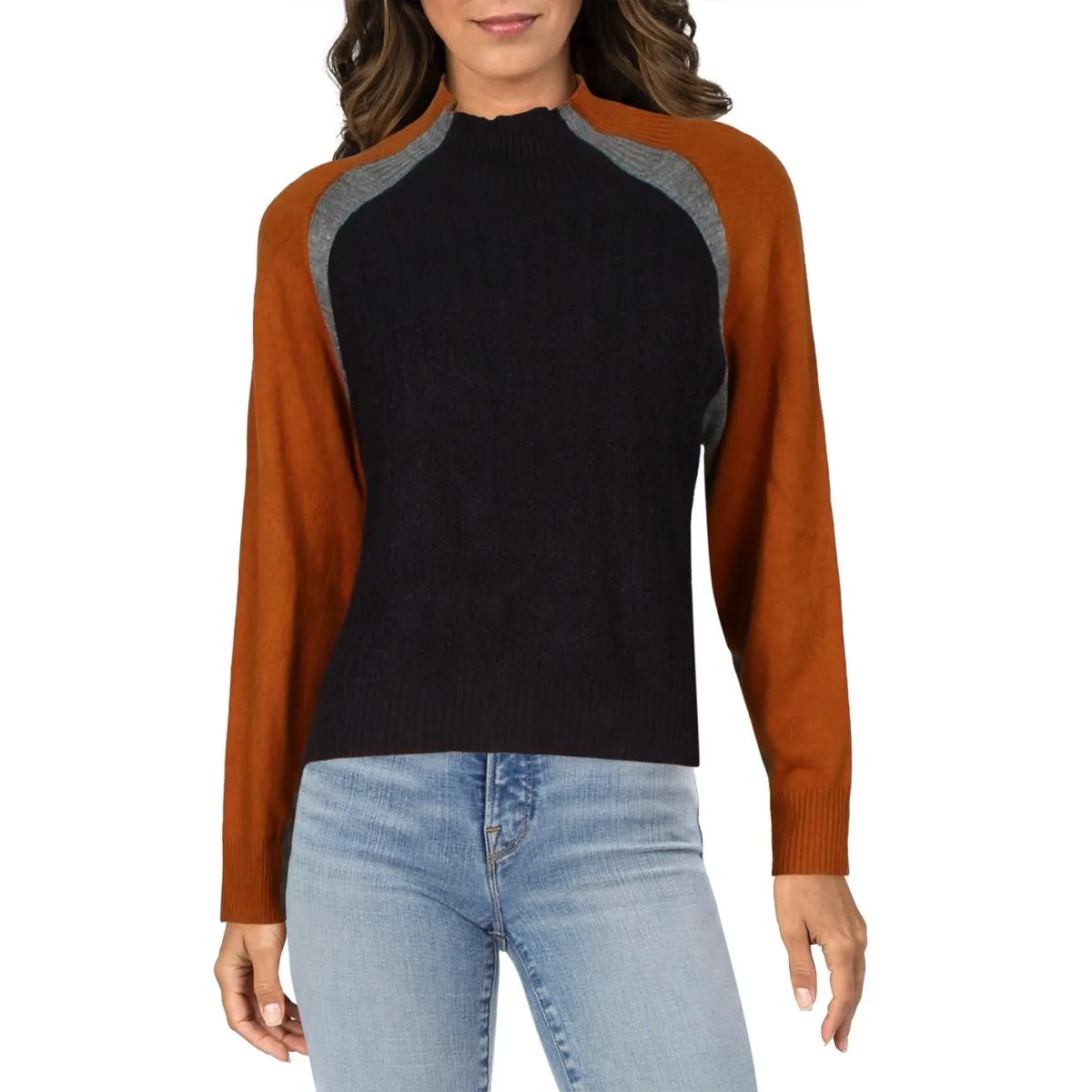 Womens Colorblock Pullover Mock Turtleneck Sweater