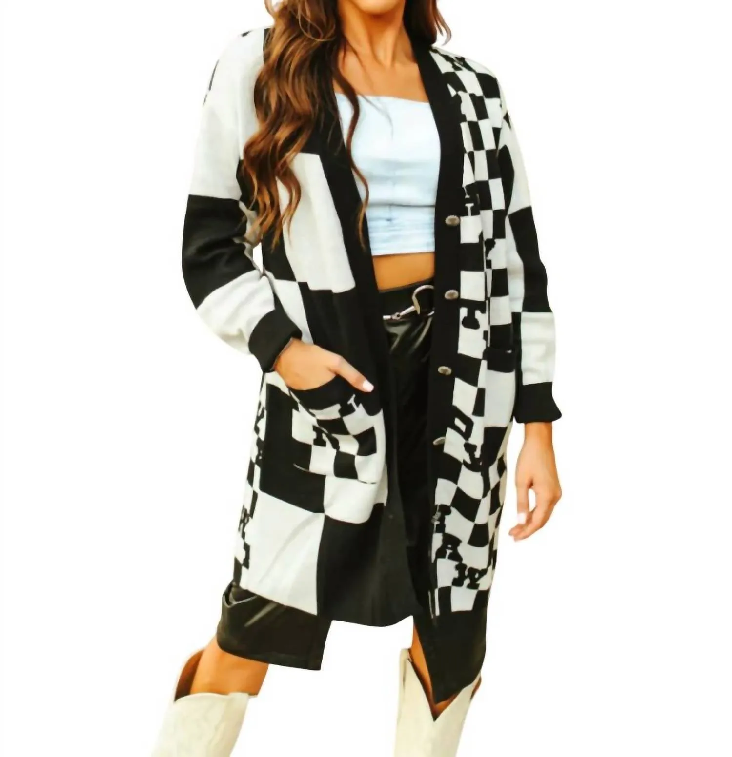 Women's Cowboy Bueno Checkered Cardigan In Black