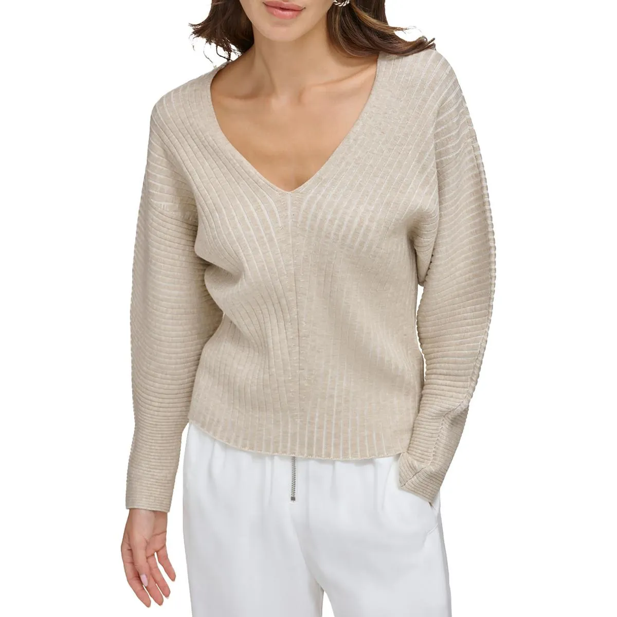 Womens Dolman Sleeve Ribbed V-Neck Sweater