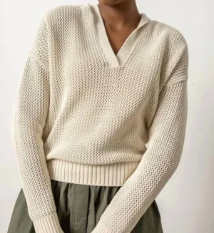 Women's Hooded Split Neck Sweater In Stone