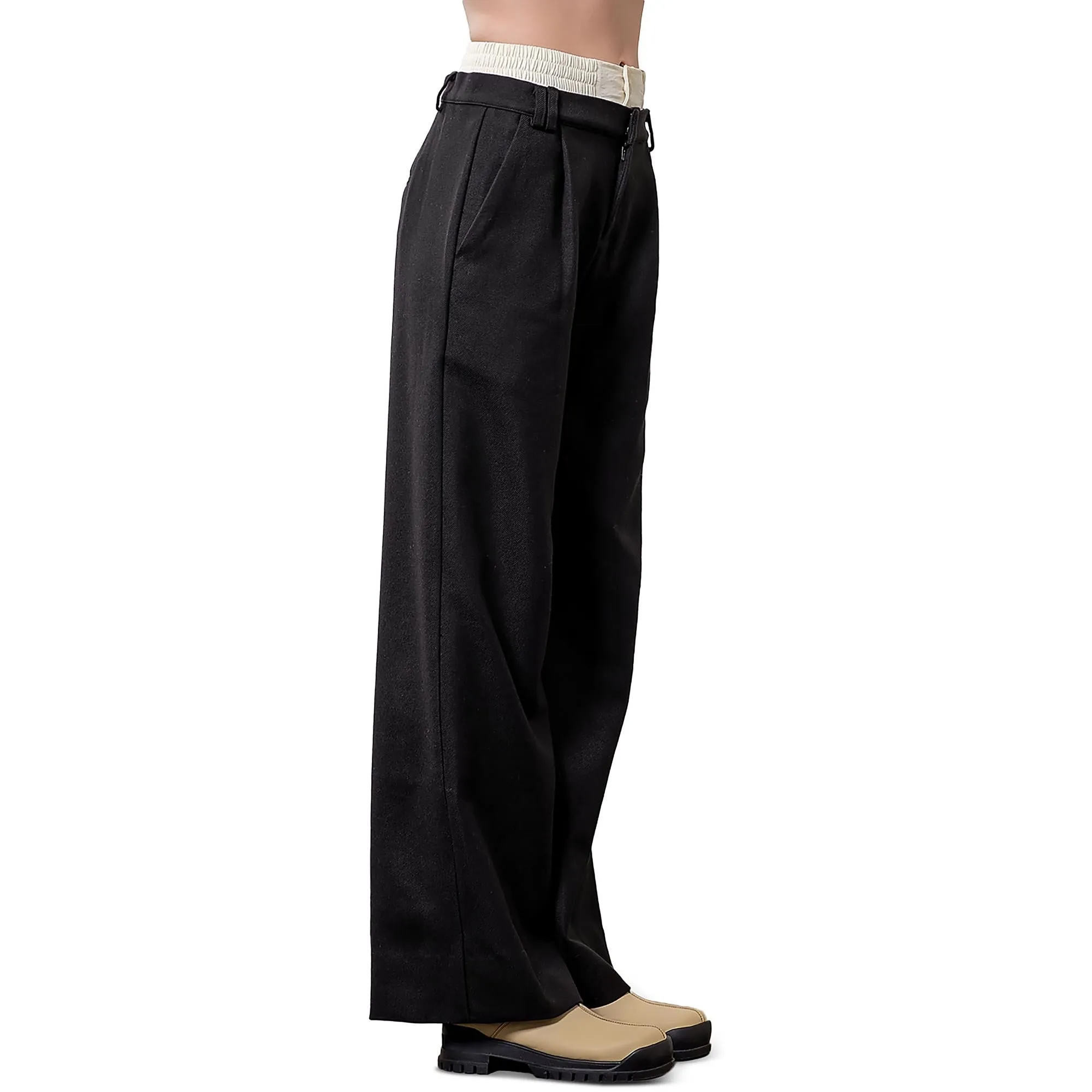 Womens Layered Elastic Waistband Straight Leg Pants