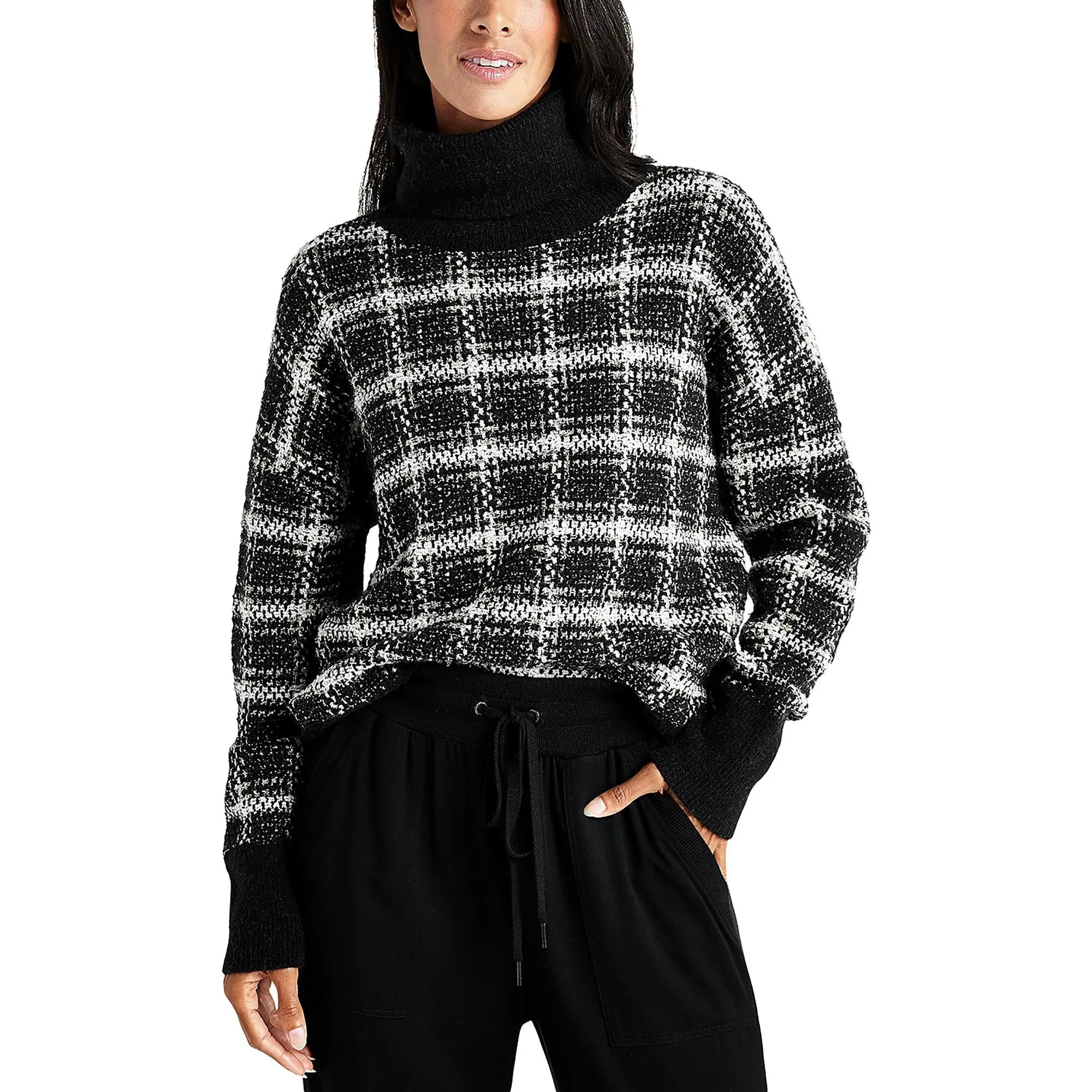 Womens Plaid Metallic Turtleneck Sweater