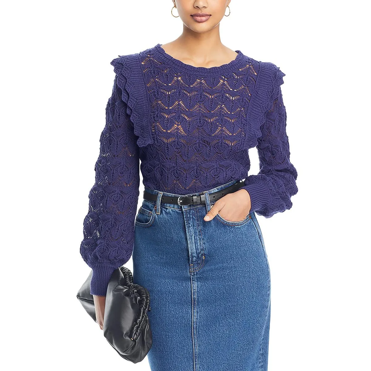 Womens Ruffled Ribbed Trim Pullover Sweater
