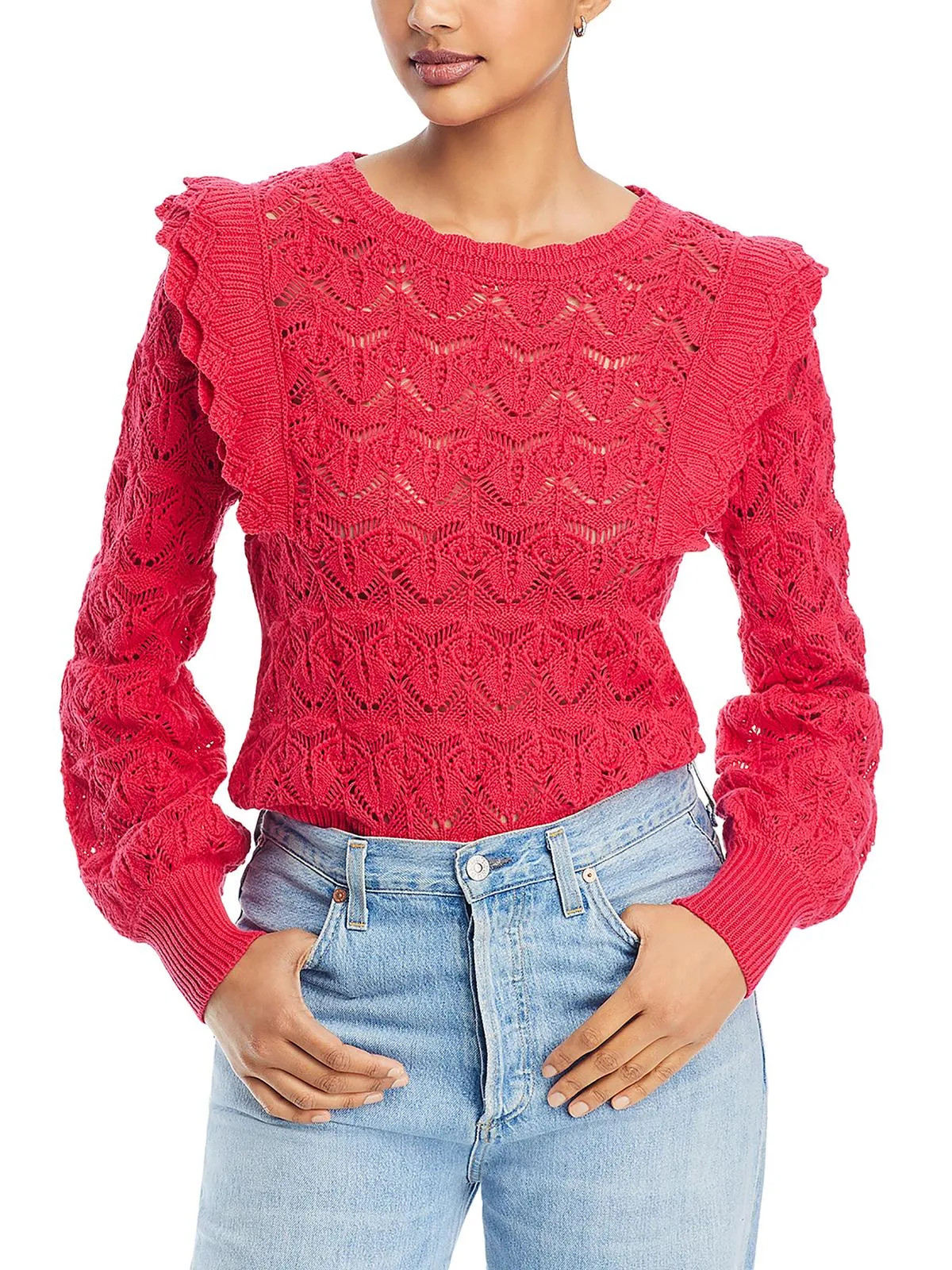 Womens Ruffled Ribbed Trim Pullover Sweater