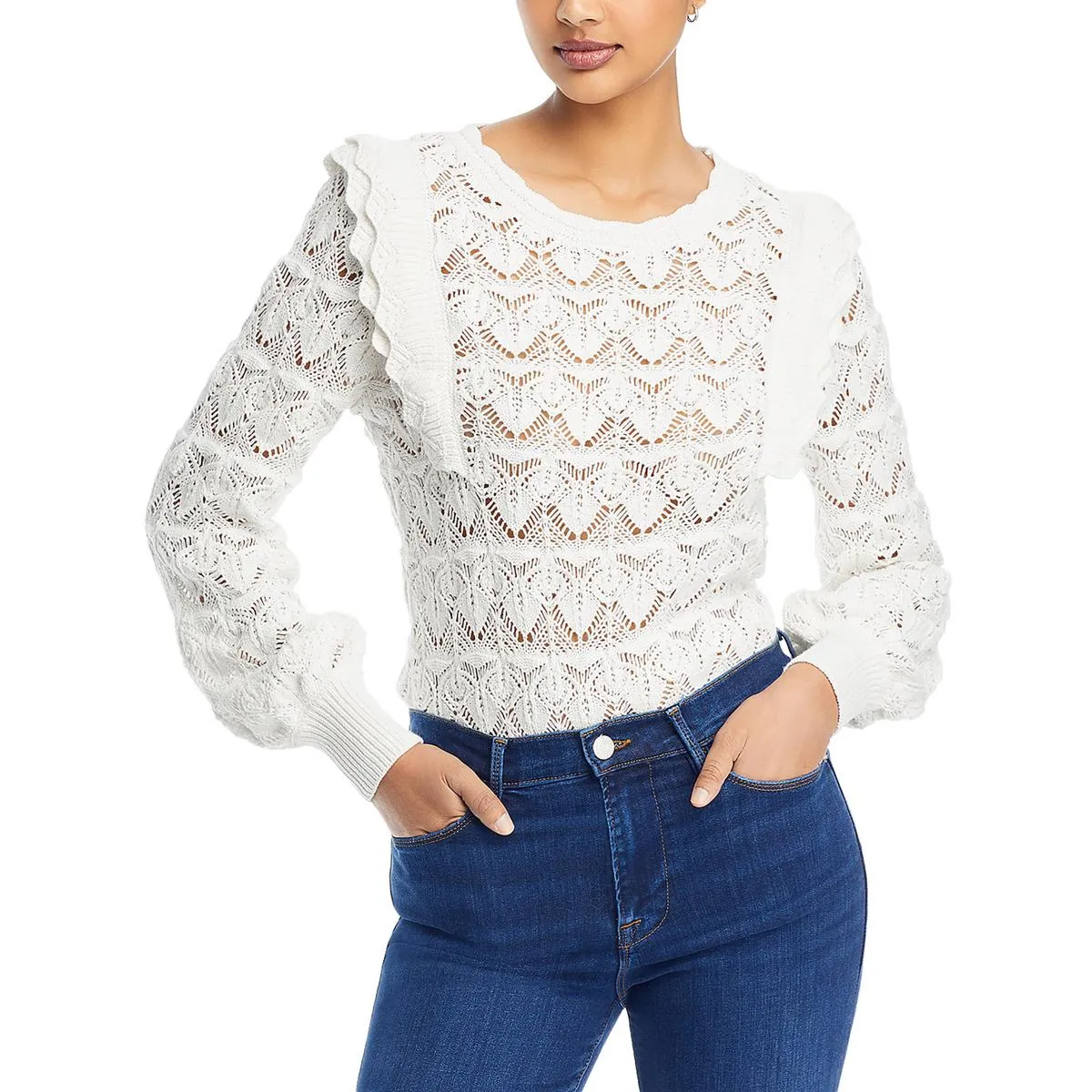 Womens Ruffled Ribbed Trim Pullover Sweater