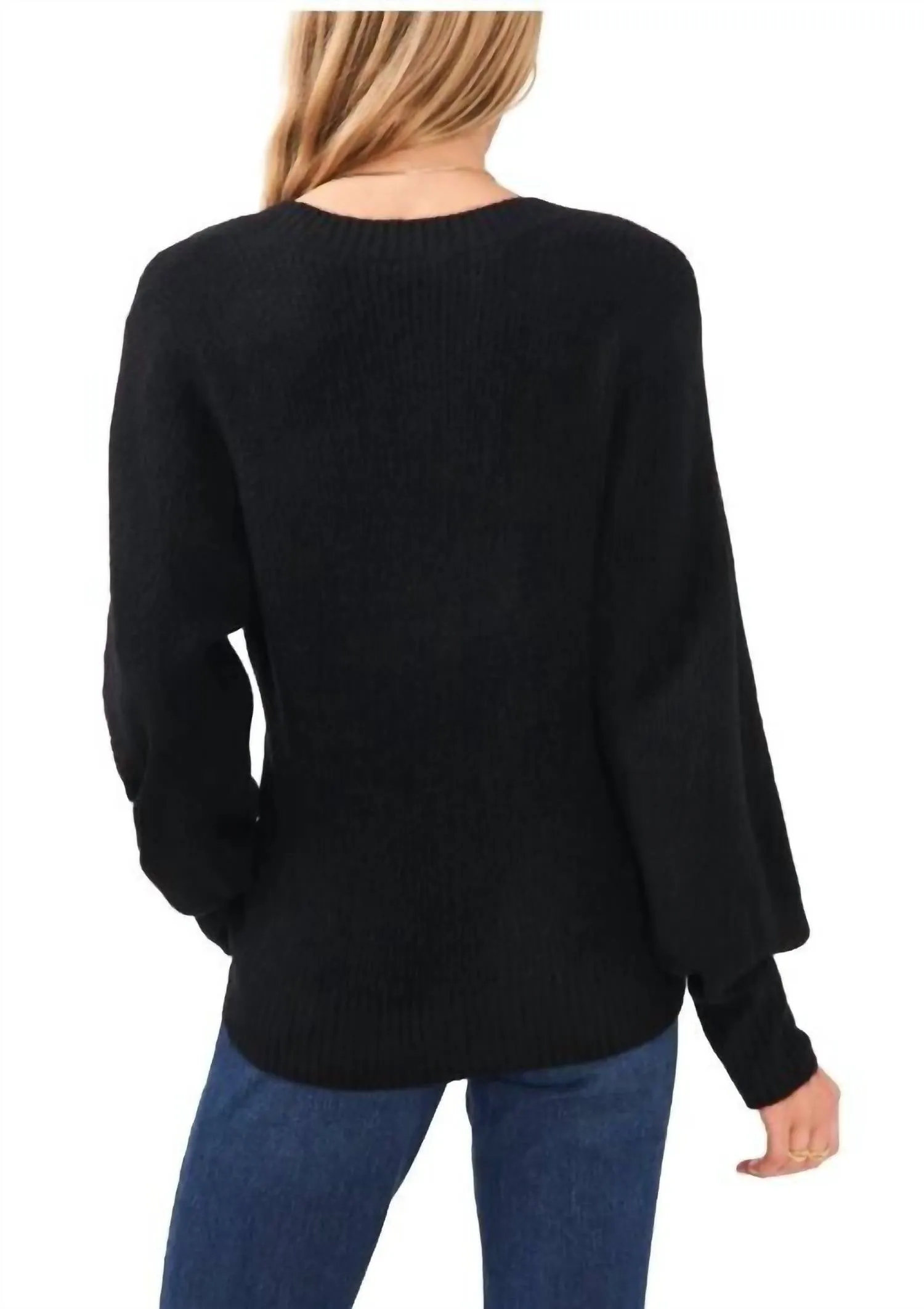 Women's V Neck Bubble Sleeve Sweater In Black