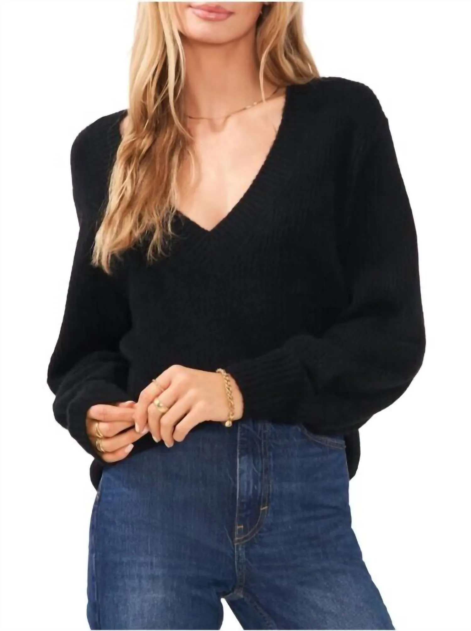 Women's V Neck Bubble Sleeve Sweater In Black