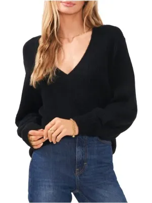 Women's V Neck Bubble Sleeve Sweater In Black