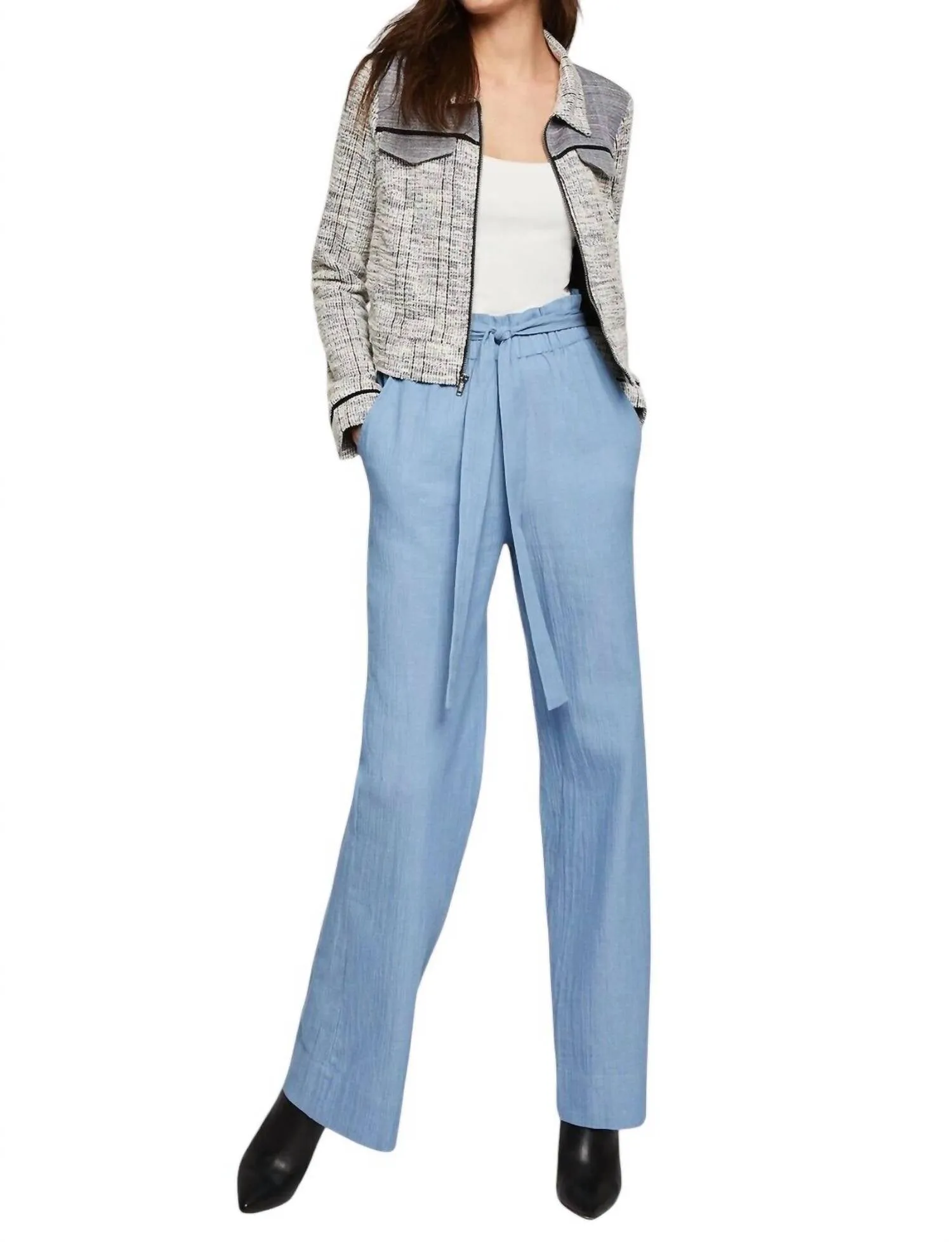 Woven Textured Paper Bag Denim Trousers In Blue