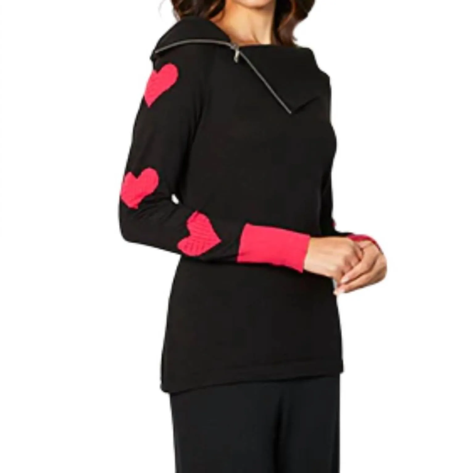 Zip Ribbed Cowl Neck With Heart Detail In Black/rose