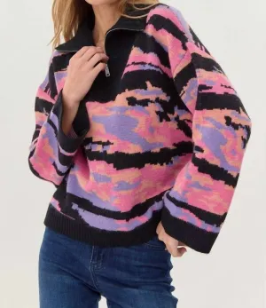 Zipper High Neck Sweater In Multicolor