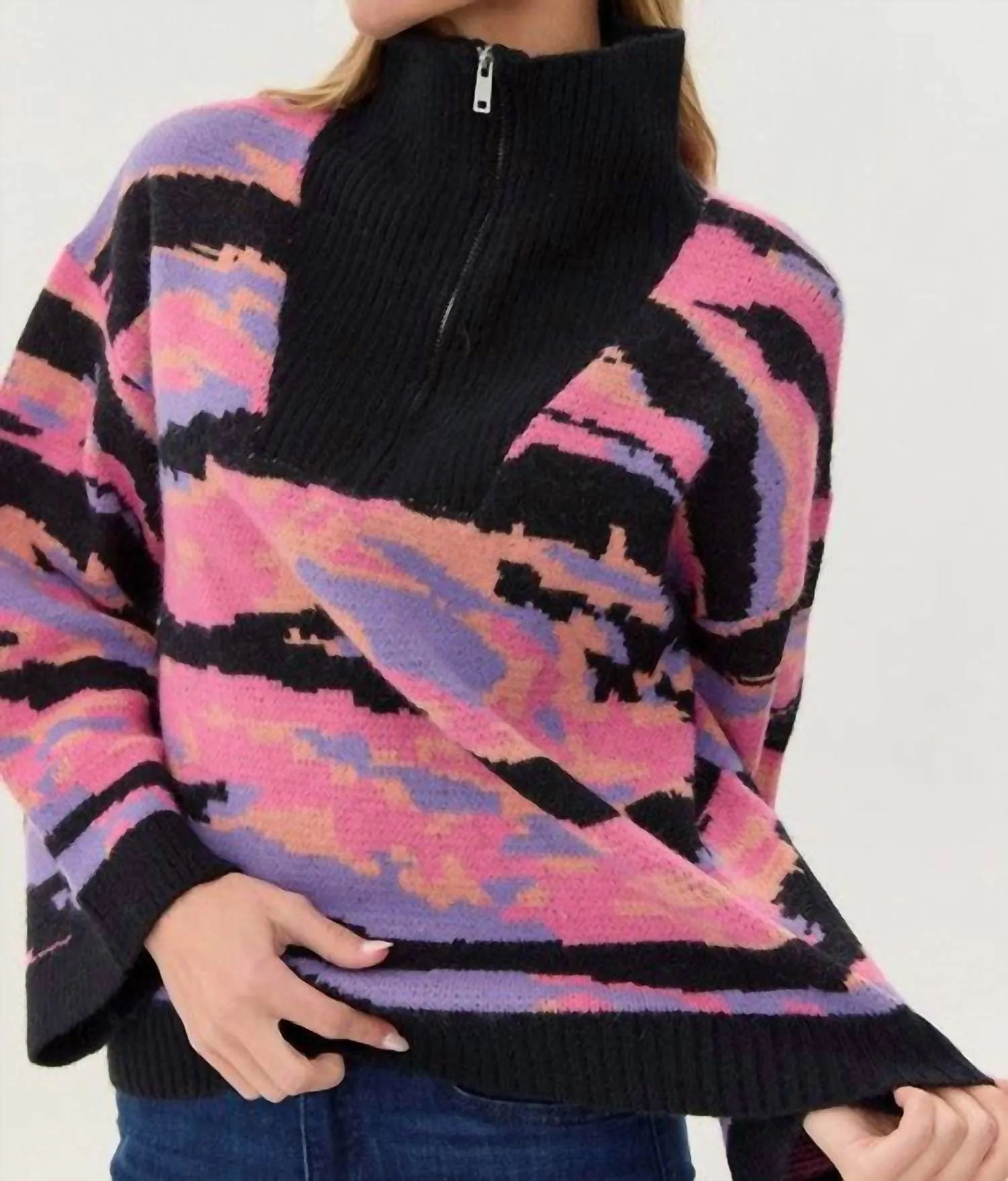 Zipper High Neck Sweater In Multicolor